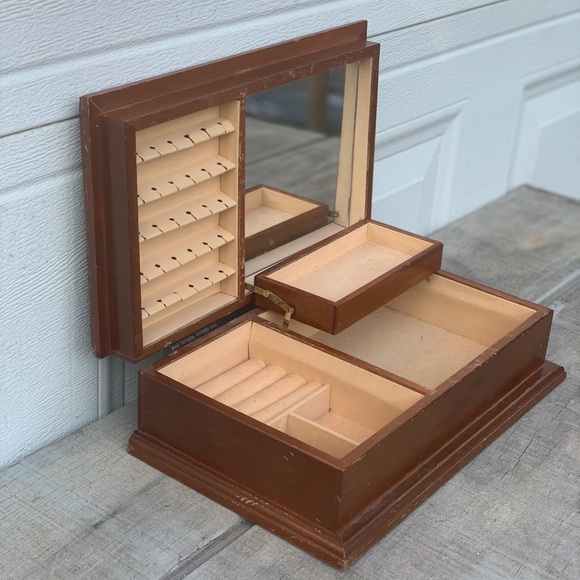 Vintage Wooden Jewelry Box with Mirror Ring Slots & Compartments Organizer 13”
